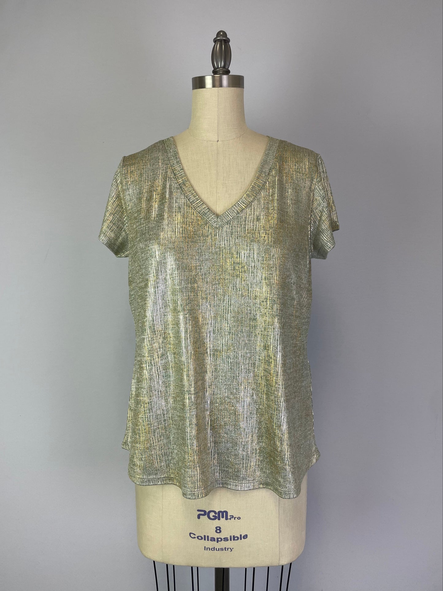 Foil Print V Neck Knit Top Silver Green S/S D28810