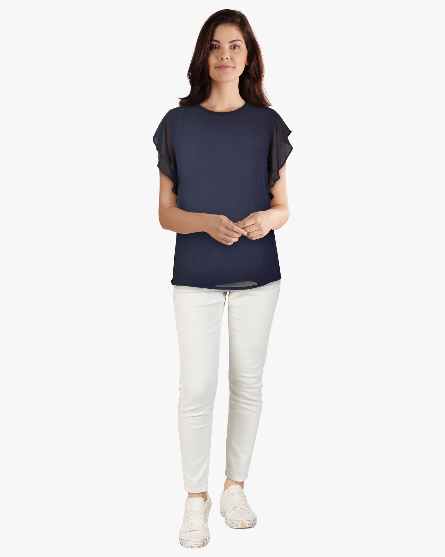 Mixed Media Flutter Sleeve Top -- D1874 Navy