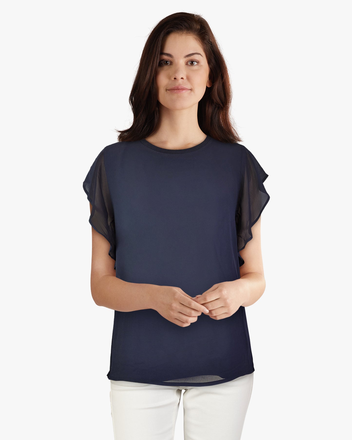 Mixed Media Flutter Sleeve Top -- D1874 Navy