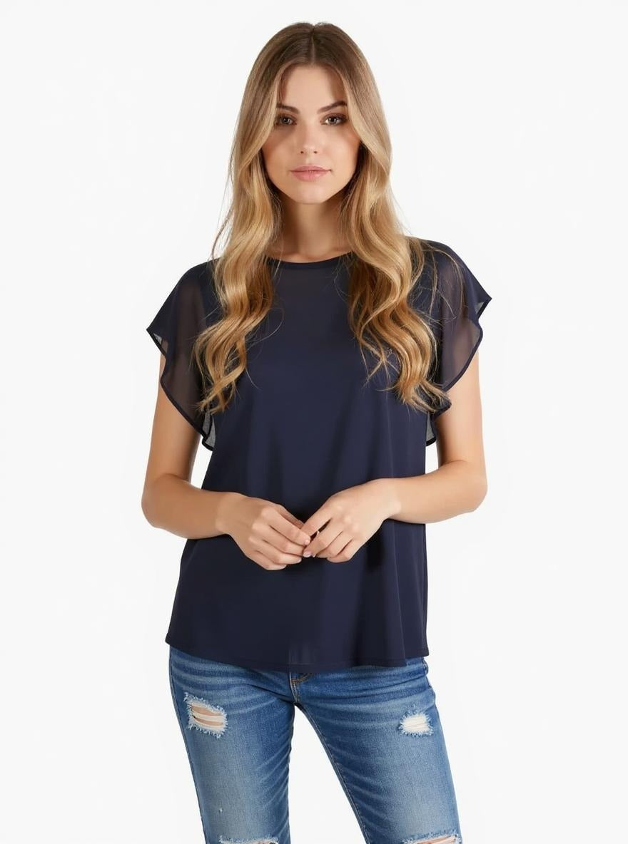 Mixed Media Flutter Sleeve Top -- D1874 Navy