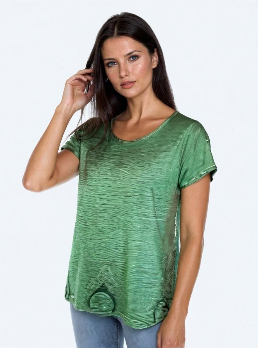Short Sleeve Oil Dye Embroidered Hem Top (D190242) Agave