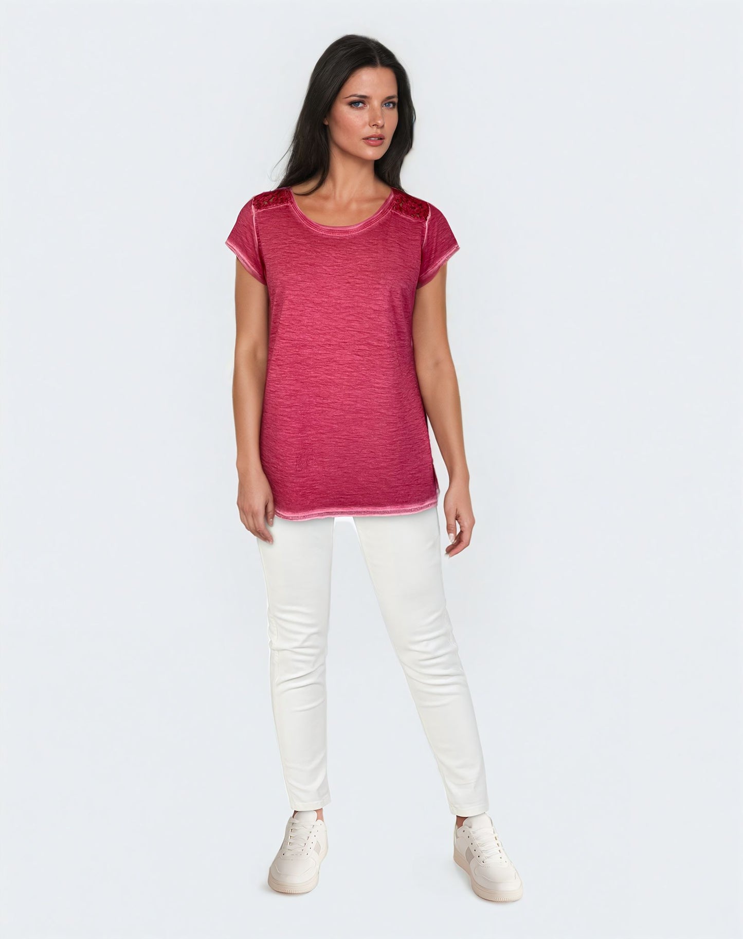 Oil Dye Lace Back Yoke Top (D190682) Holly Berry S/S