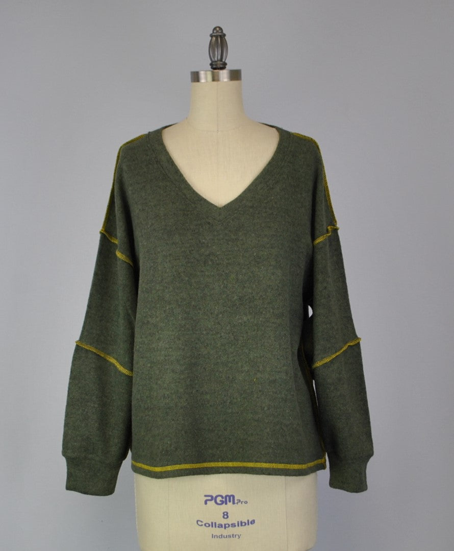 Sweater-like V Neck Top - Khaki green (D190713)