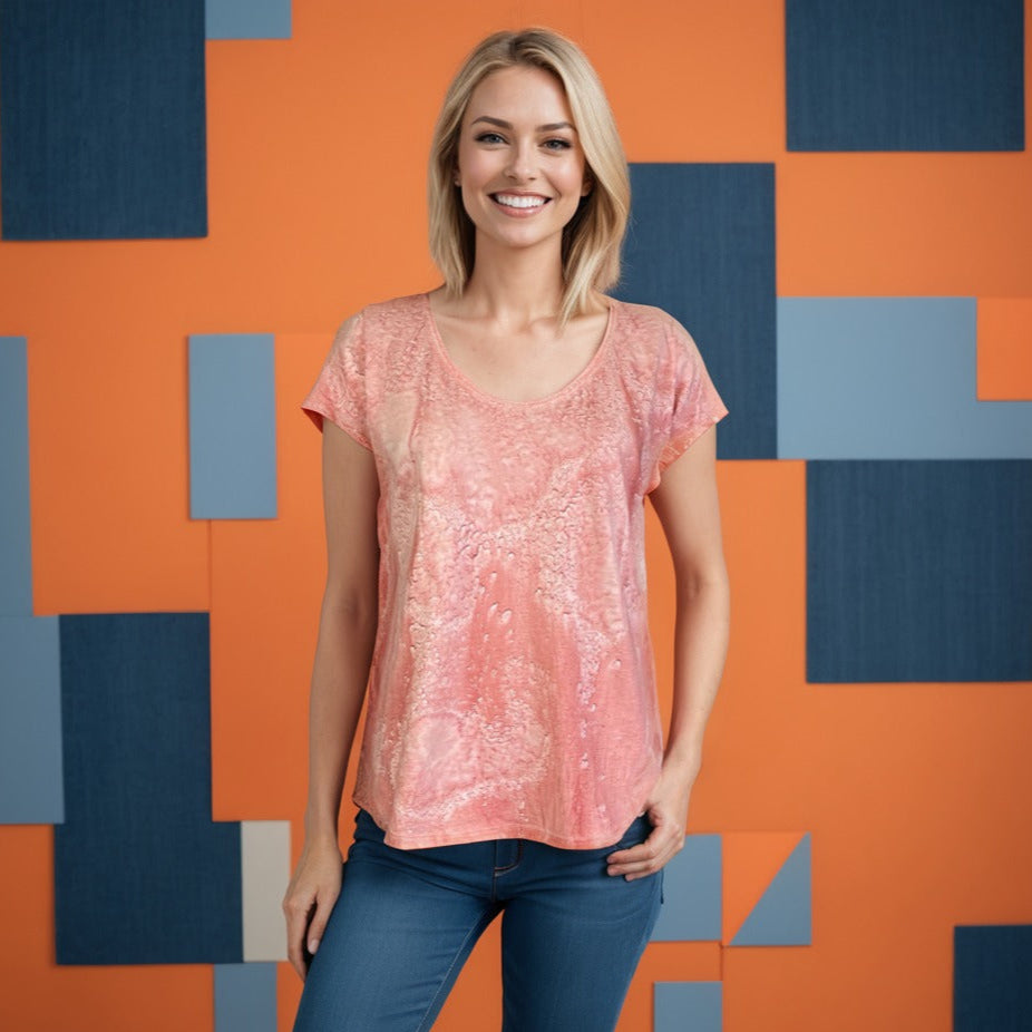 Scoop Neck Short Sleeve Tea Dye Top with Curved Hem (D190738S) Ripe Peach