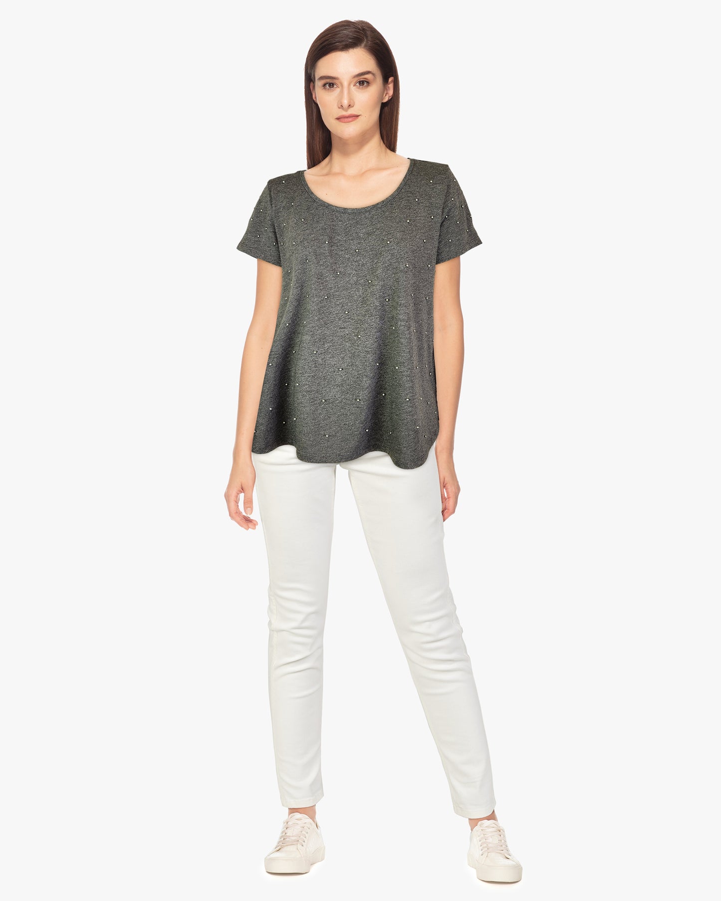 Swing Tee Shirt with Pearls (D1953) Dk Grey Mélange S/S