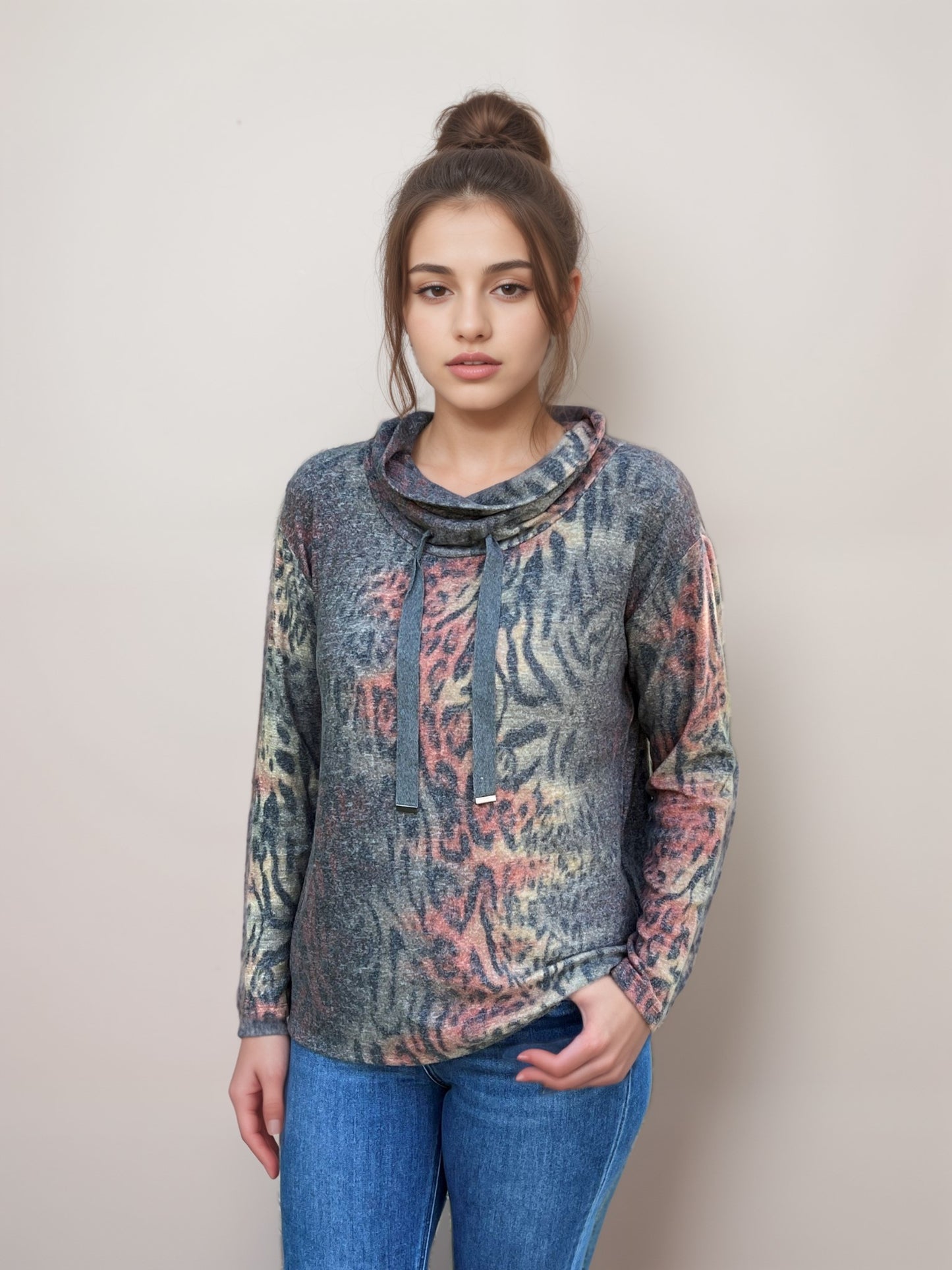Cowl Neck Drawstring Sweater-like Top - Orange Animal (D24445)