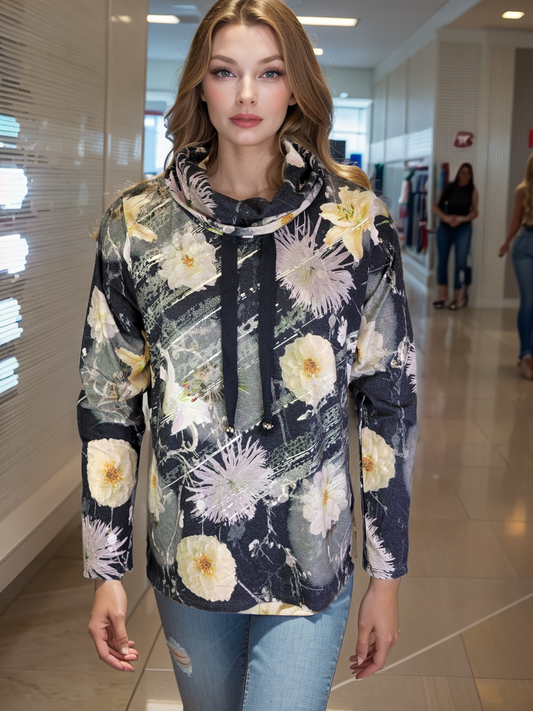 Sweater-like Cowl Neck Mock Tie- Black Grey Flower (D25713A)