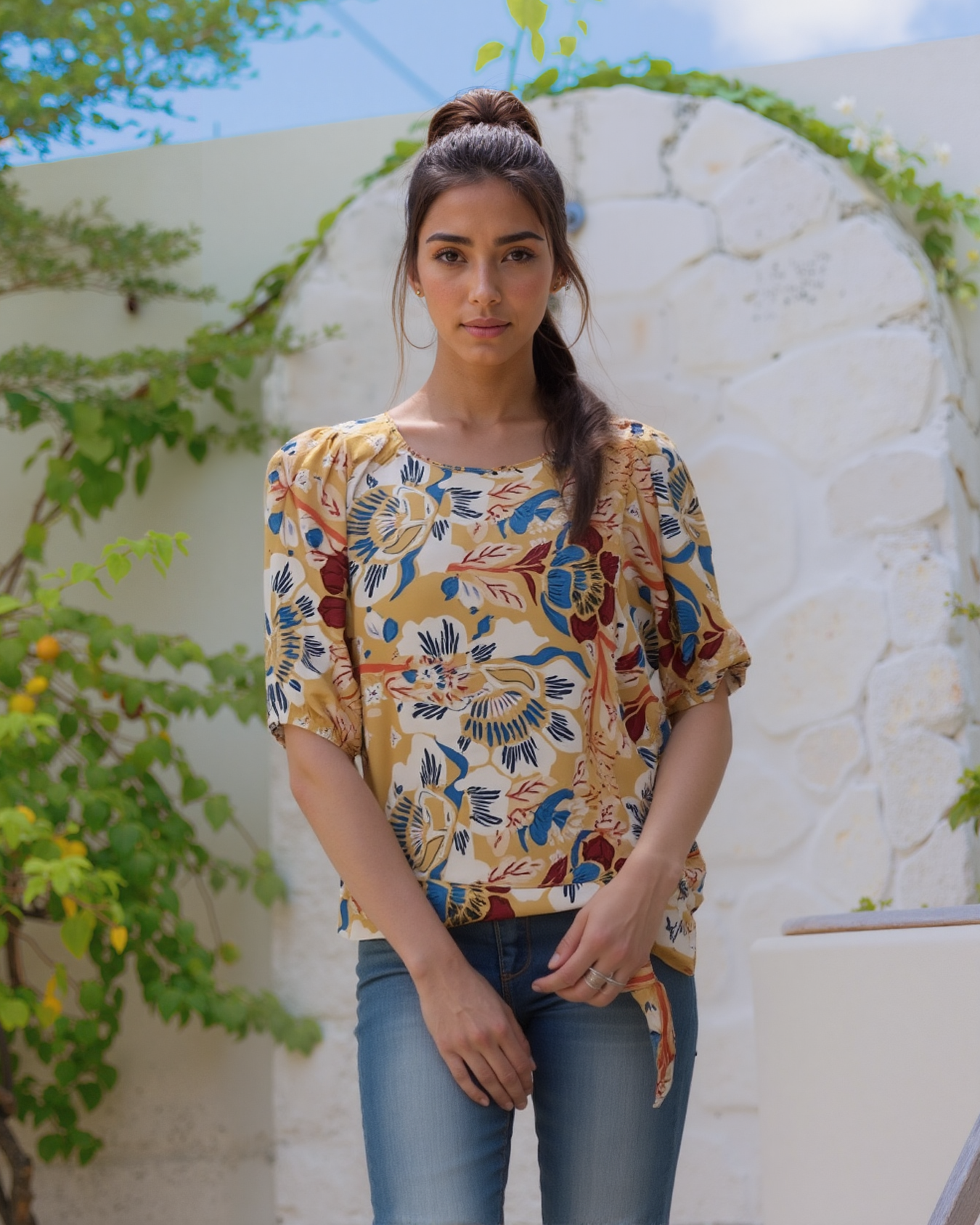 Puff Sleeve Blouse w Banded Bottom -- Flower Print (D26872R)