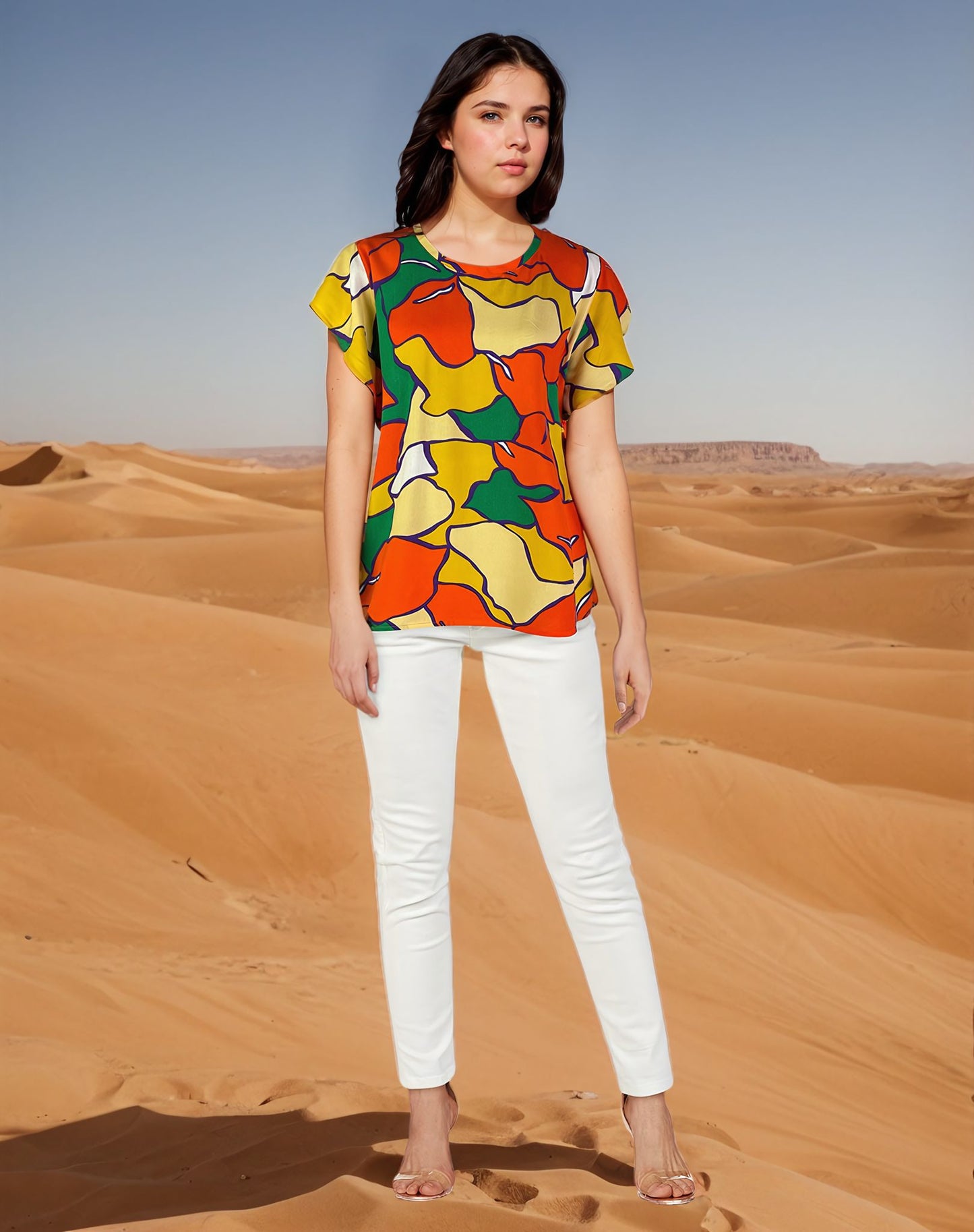 Print Woven Top w Flutter Sleeve Orange Print (D27833R) S/S