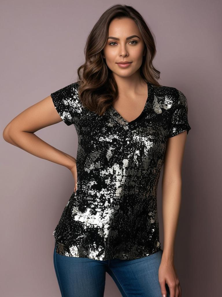 V Neck Knit Top -- Black & Silver Foil Print S/S D28831