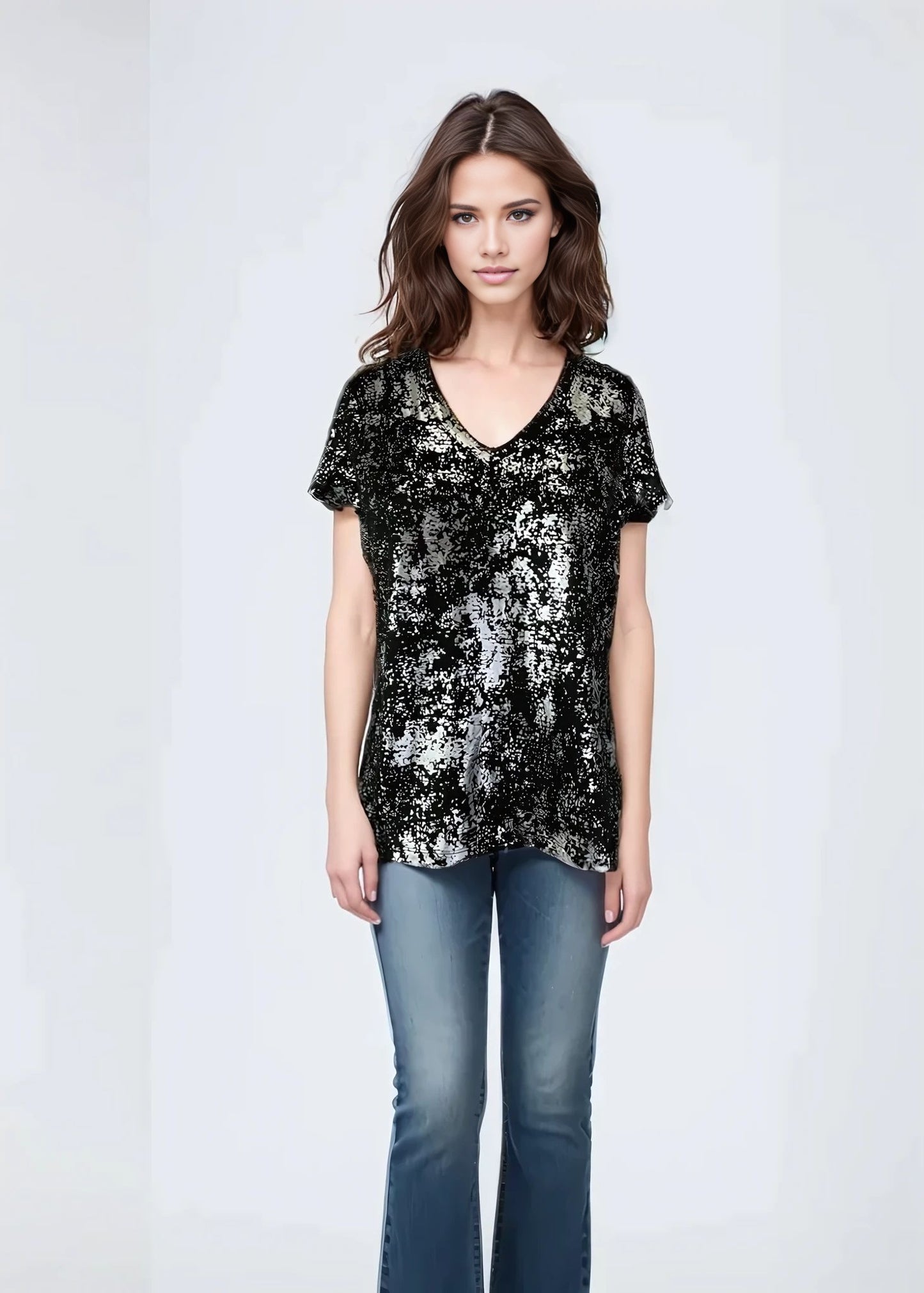 V Neck Knit Top -- Black & Silver Foil Print S/S D28831