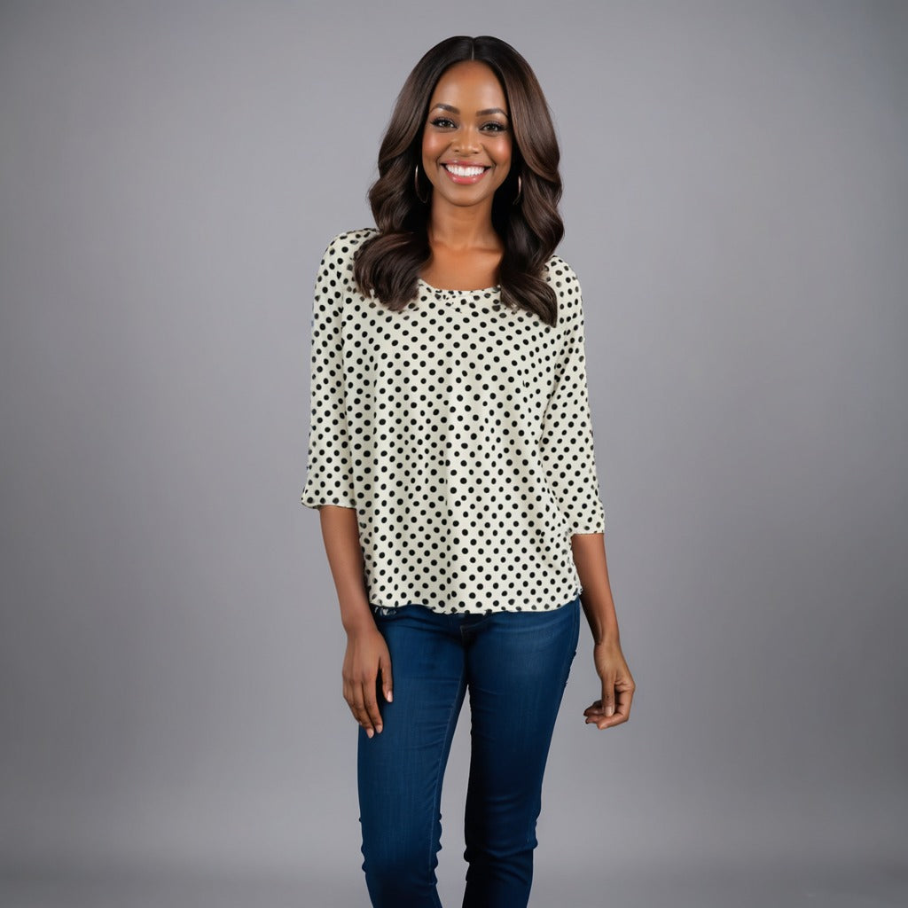 3/4 Sleeve DOT Printed Knit Top D28836 White