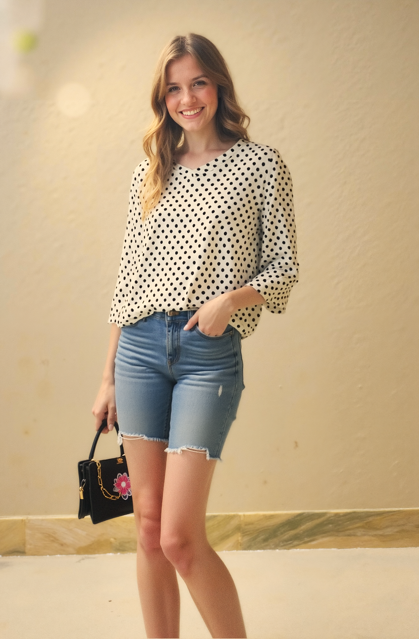 3/4 Sleeve DOT Printed Knit Top D28836 White
