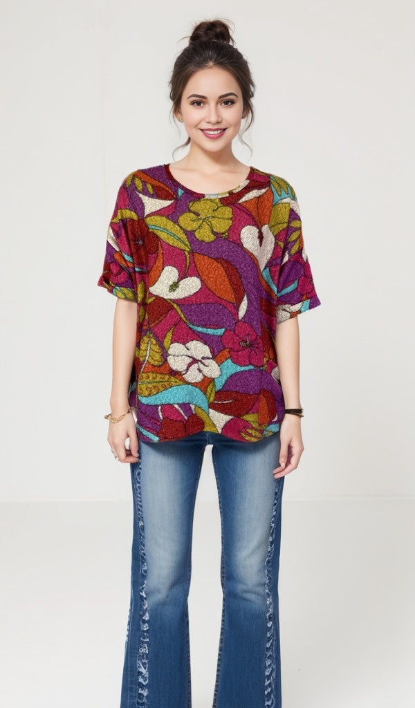 Oversized Drop Shoulder Sweater-Like Yummy Top (D3333) Bright Floral