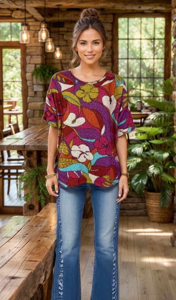 Oversized Drop Shoulder Sweater-Like Yummy Top (D3333) Bright Floral