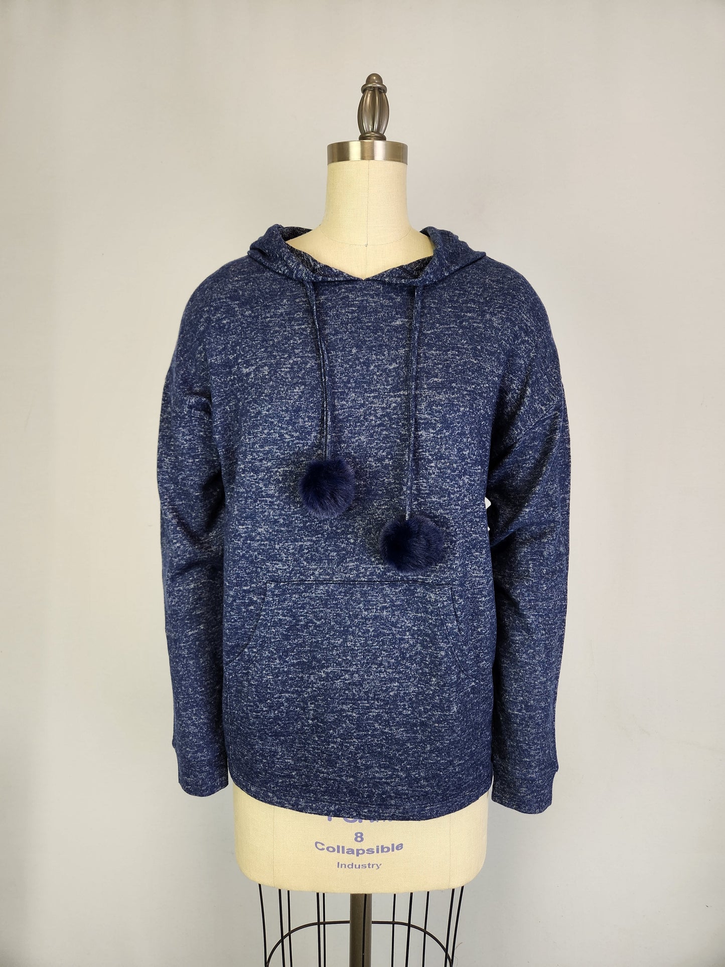 Hooded Sweater-like Top w/ Puff Ball Drawstring - Navy (D400)
