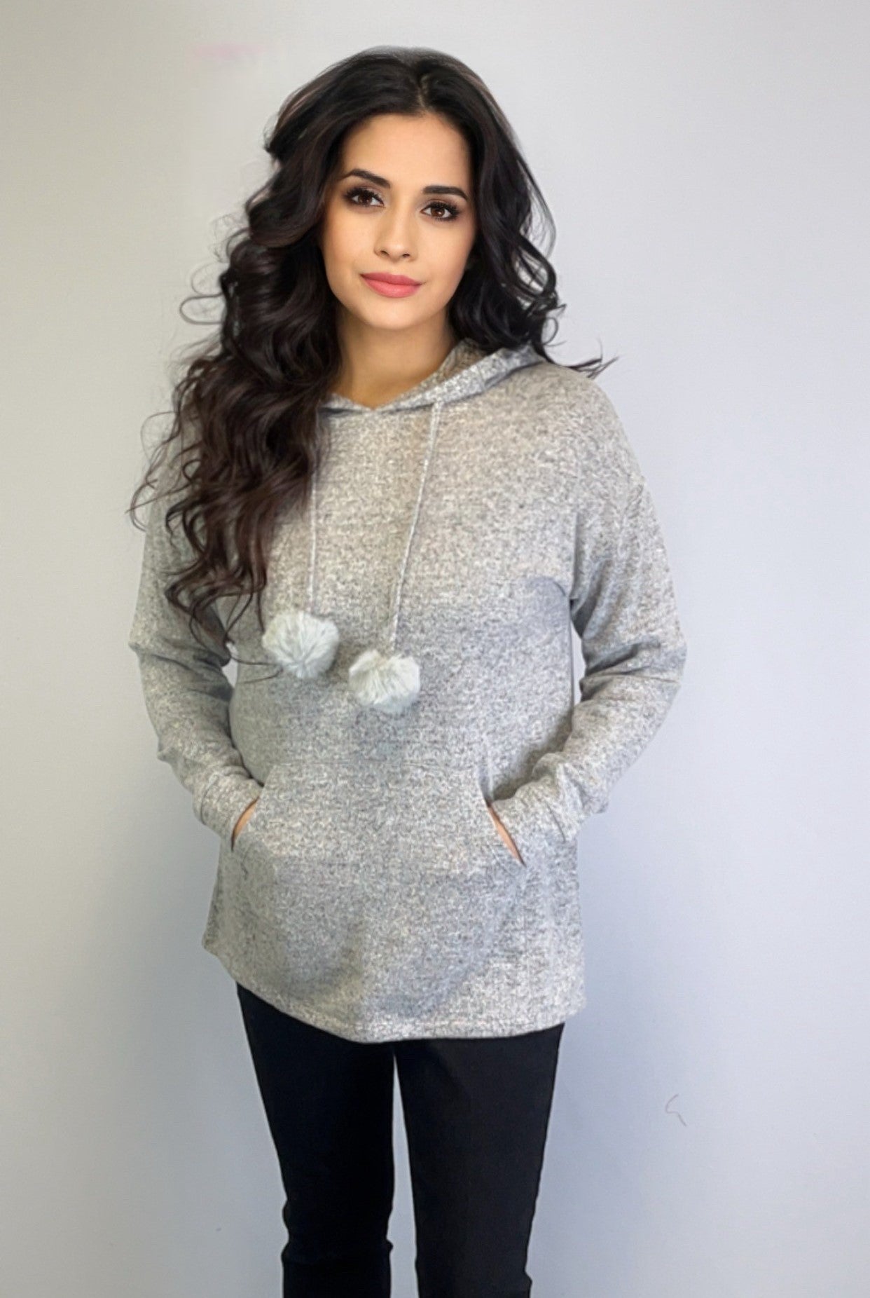 Hooded Sweater-like Top w/ Puff Ball Drawstring - Dk Grey Mélange (D400)