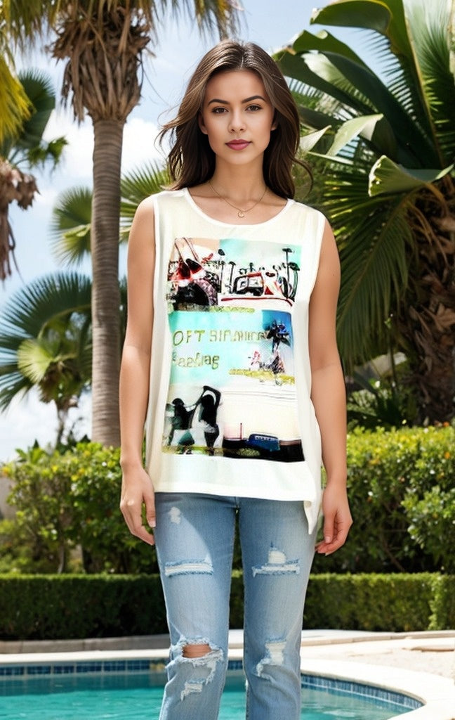 Sleeveless Knit Print Top with Mesh Printed Overlay (D500F)