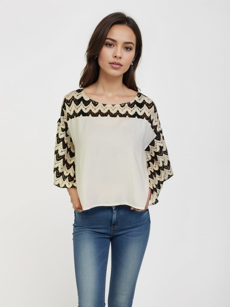 Lace Shoulder Boxy Oversized Blouse -- Ecru & Black (D560R)