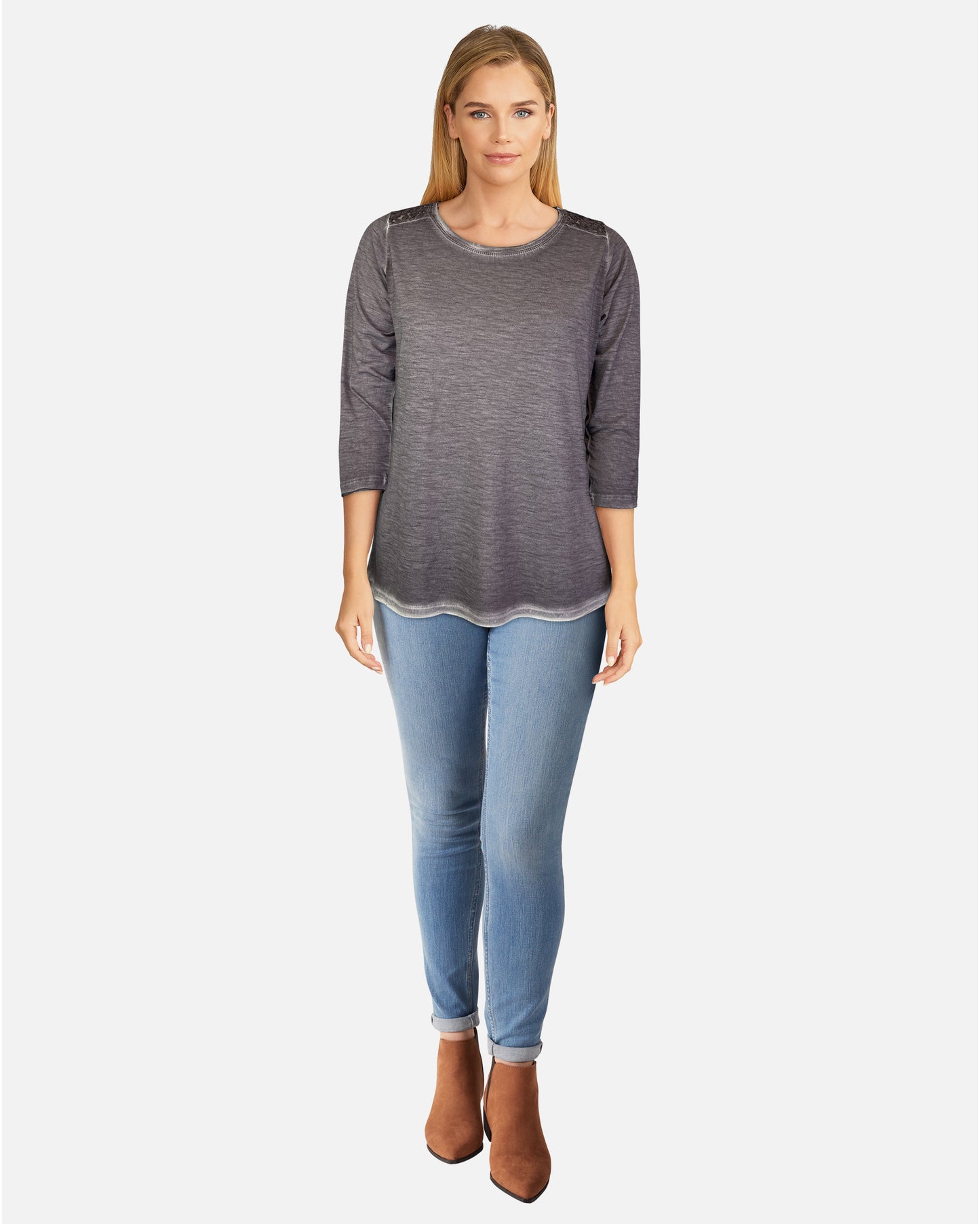 Oil Dye 3/4 Sleeve Back Yoke Tee in Cendre
