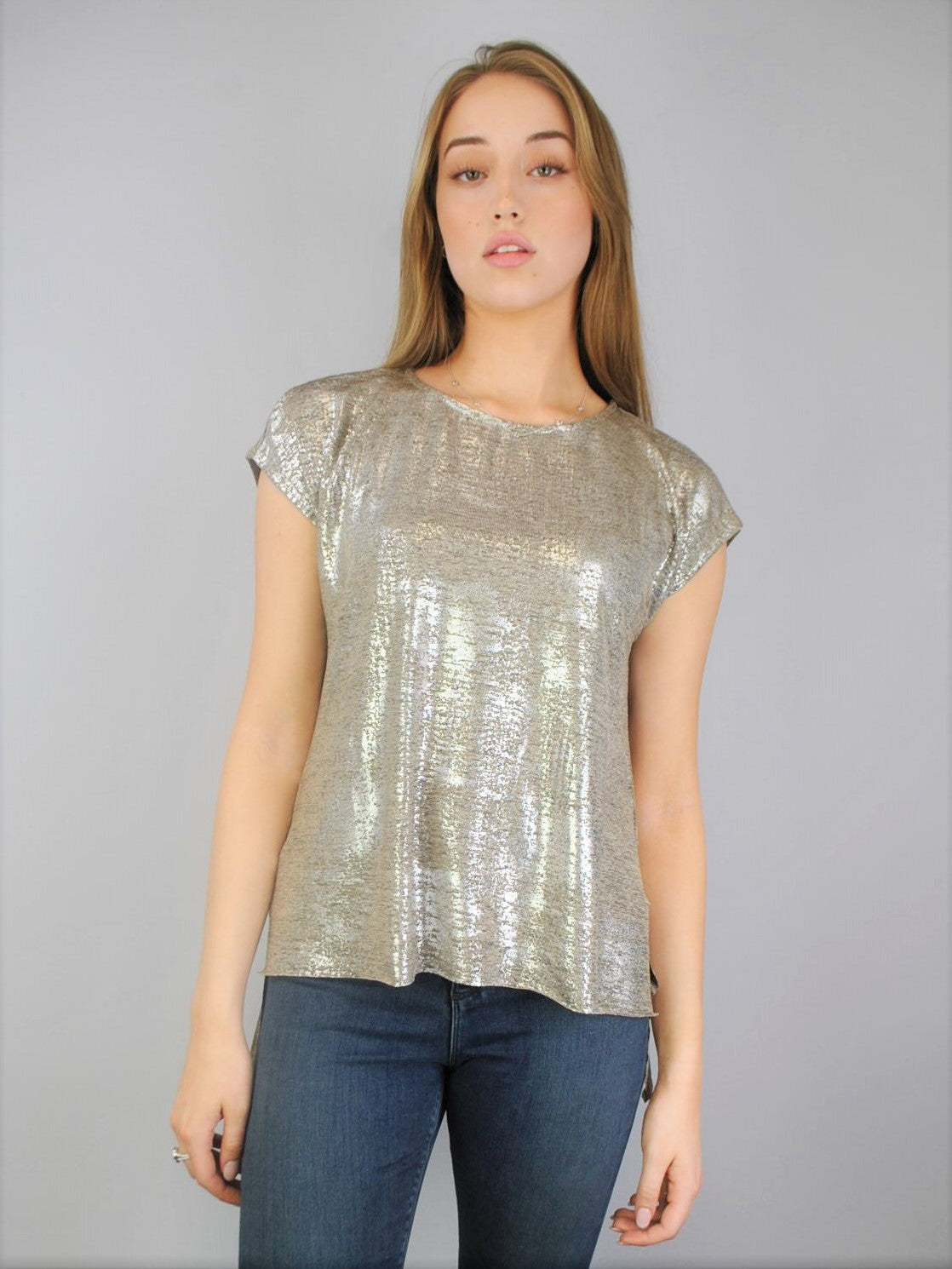 Foil Print Step Hem Top - Coffee Silver S/S (D1556)