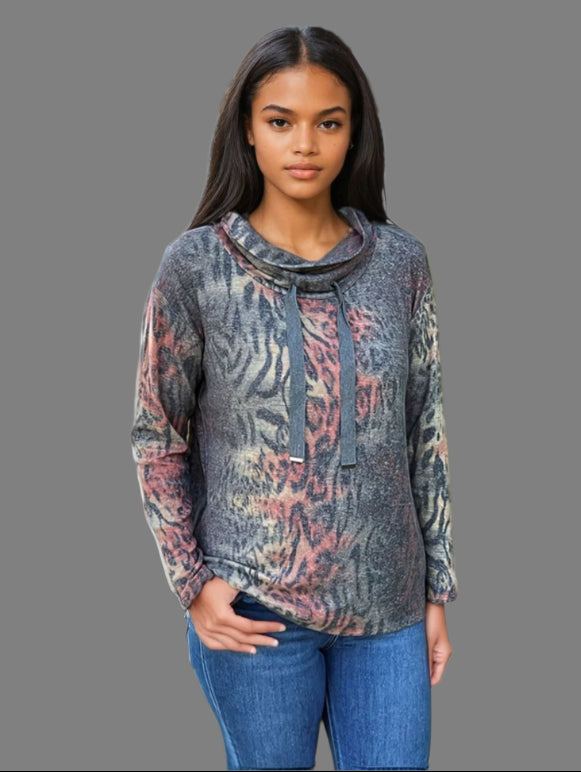 Cowl Neck Drawstring Sweater-like Top - Orange Animal (D24445)
