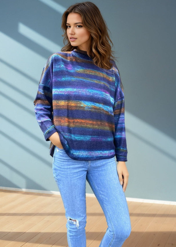 Mock Neck Sweater-like Top - Blue Pink Stripe D24671