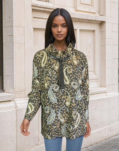 Cowl Neck Drawstring Sweater-like Top - Paisley Print (D24445)