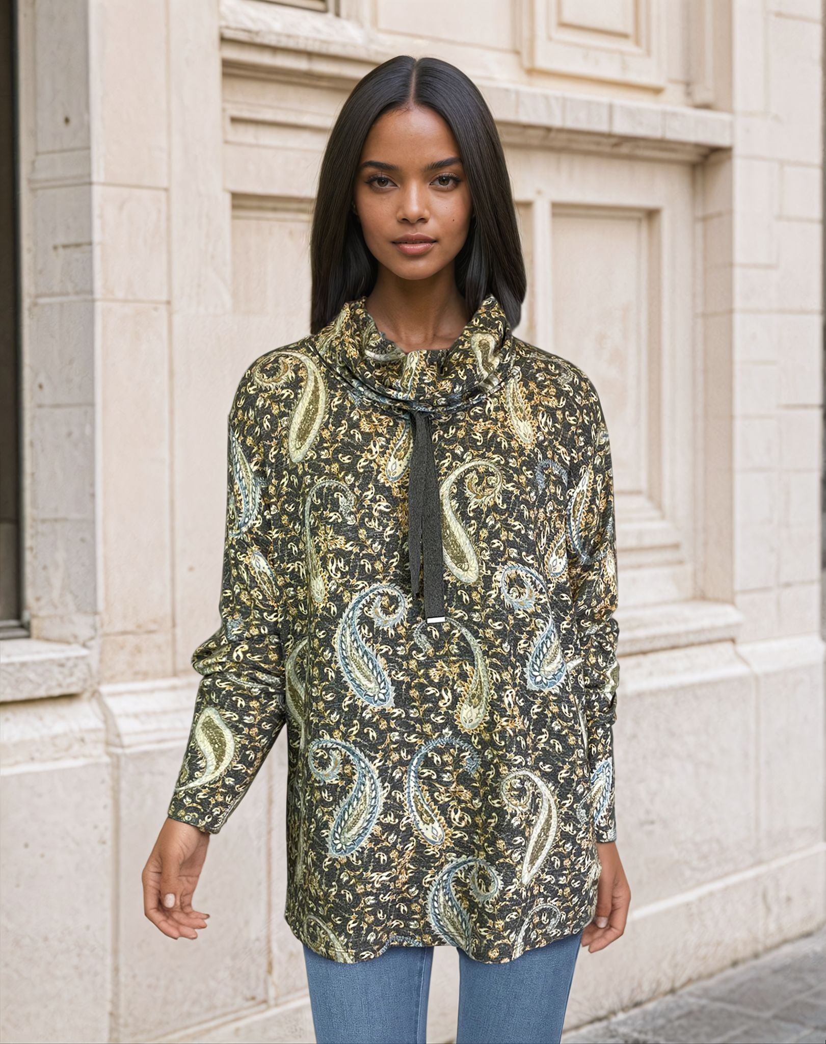 Cowl Neck Drawstring Sweater-like Top - Paisley Print (D24445)