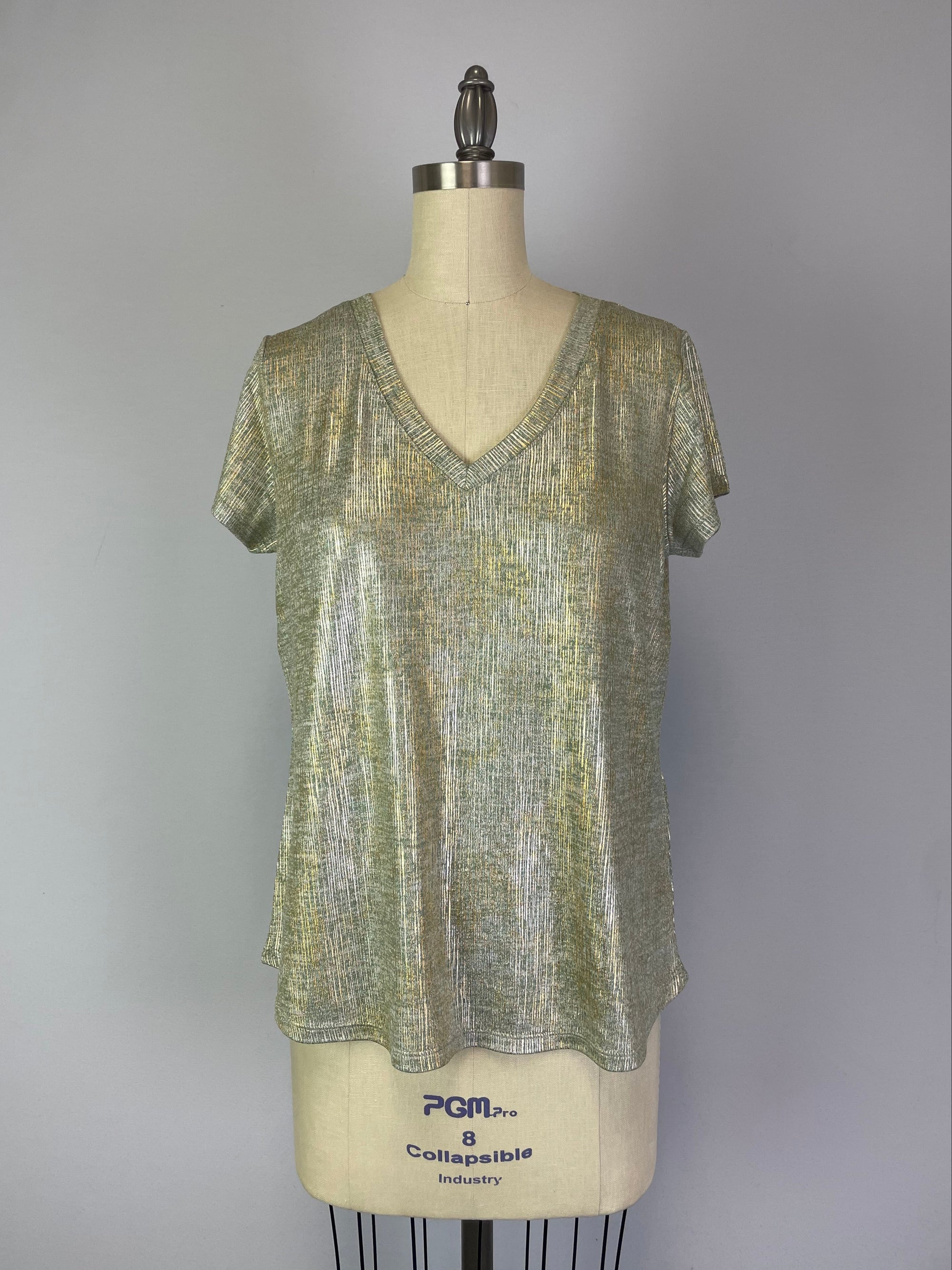 Foil Print V Neck Knit Top Silver Green S/S D28810