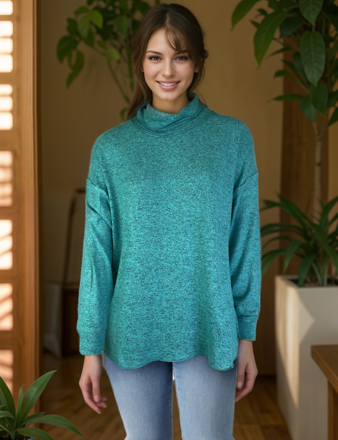 Roll Neck Sweater-like Top - Turquoise (D190479R)