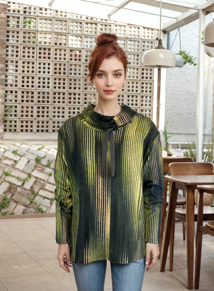 Cowl Neck Drawstring Sweater-like Top - Vertical Stripe (D24445)