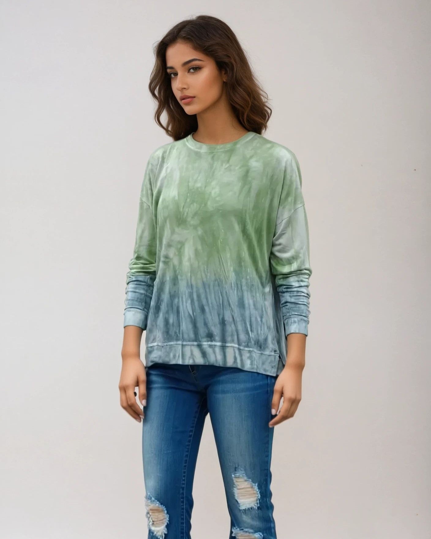 Dip Dye Sweatshirt w/ Side Seam Slits -- Meadow Tapestry (D190645)