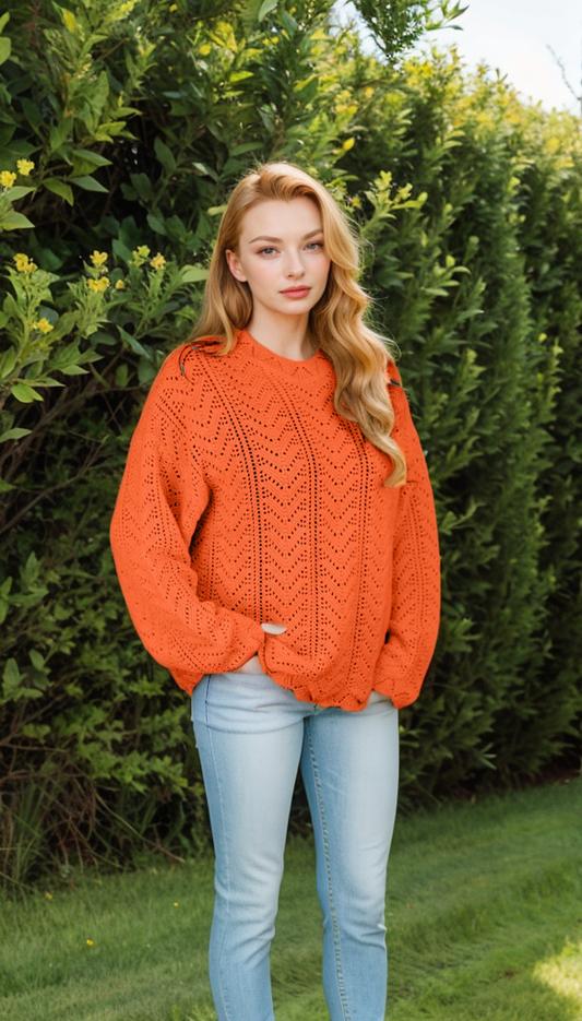 Scallop Stitch Crew Neck Sweater -- Orange (D9343)