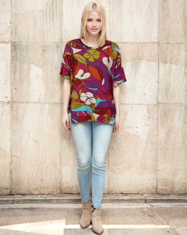 Oversized Drop Shoulder Sweater-Like Yummy Top (D3333) Bright Floral