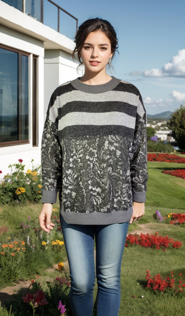Sweater-like Print Top - Dark Grey Stripe Flower (D90101)