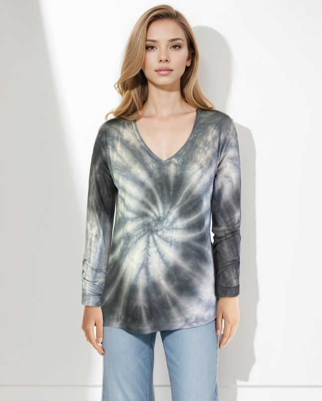Roll Sleeve Swirl Tie Dye Top - Grizzly Phantom (D190701)