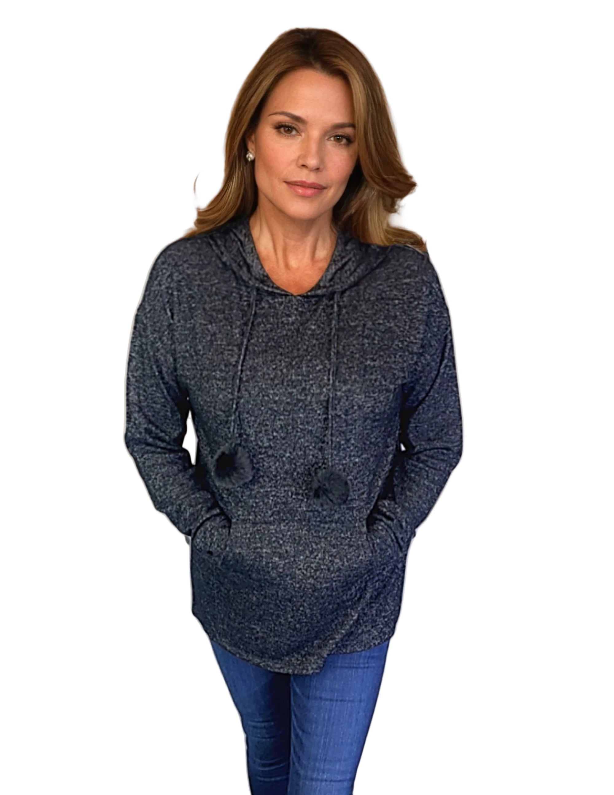 Hooded Sweater-like Top w/ Puff Ball Drawstring - Navy (D400)