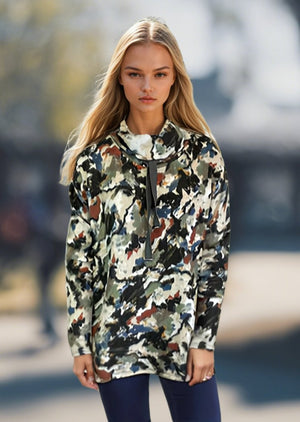 Cowl Neck Drawstring Sweater-like Top - Black Blue Floral (D24445)