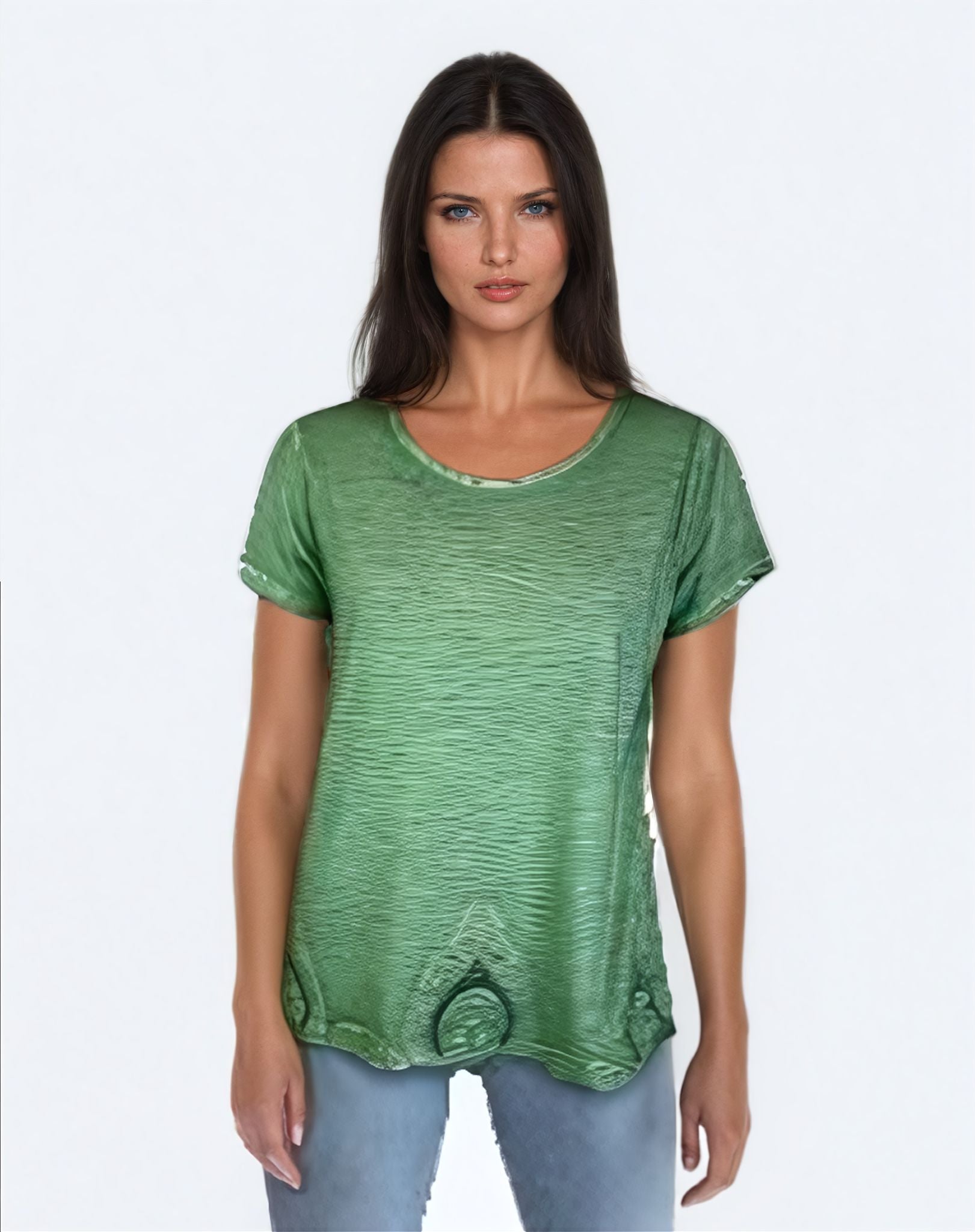 Short Sleeve Oil Dye Embroidered Hem Top (D190242) Agave