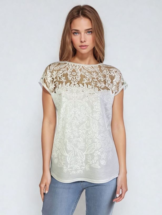 Burnout Yoke Knit Top - Whisper White (D12093)