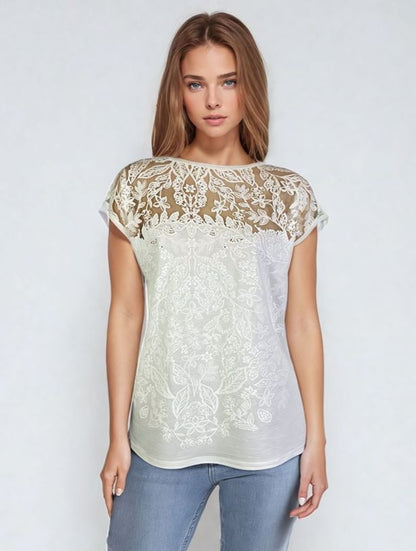 Burnout Yoke Knit Top - Whisper White (D12093)