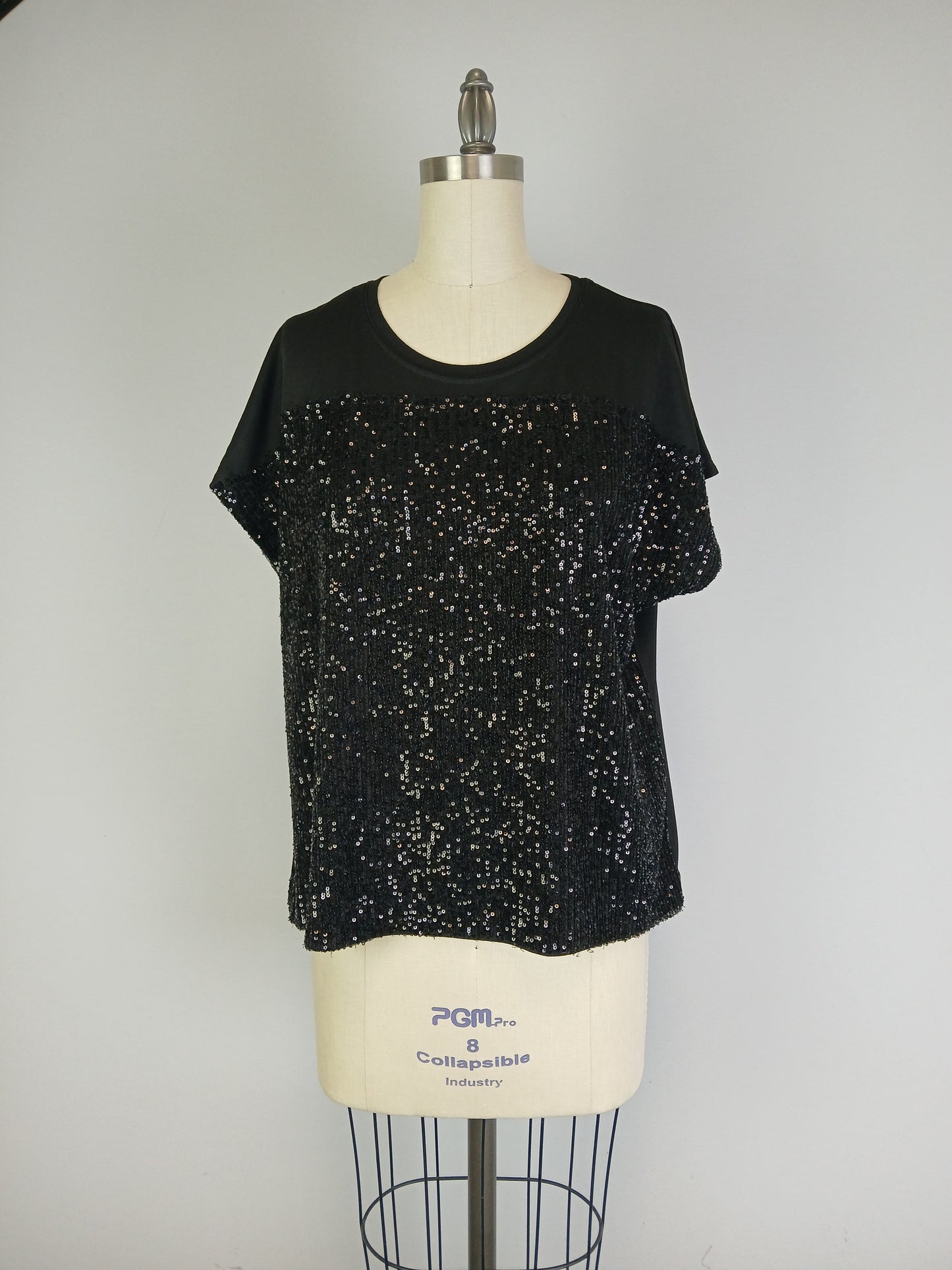 Top with Sequin Fabric Front Overlay D28739 Black