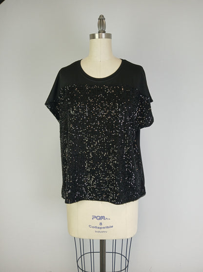 Top with Sequin Fabric Front Overlay D28739 Black
