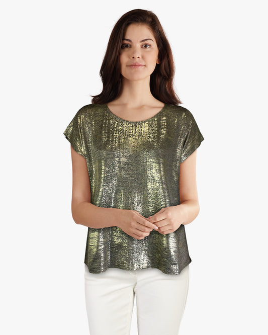 Foil Print Step Hem Top - Coffee Gold S/S (D1556)