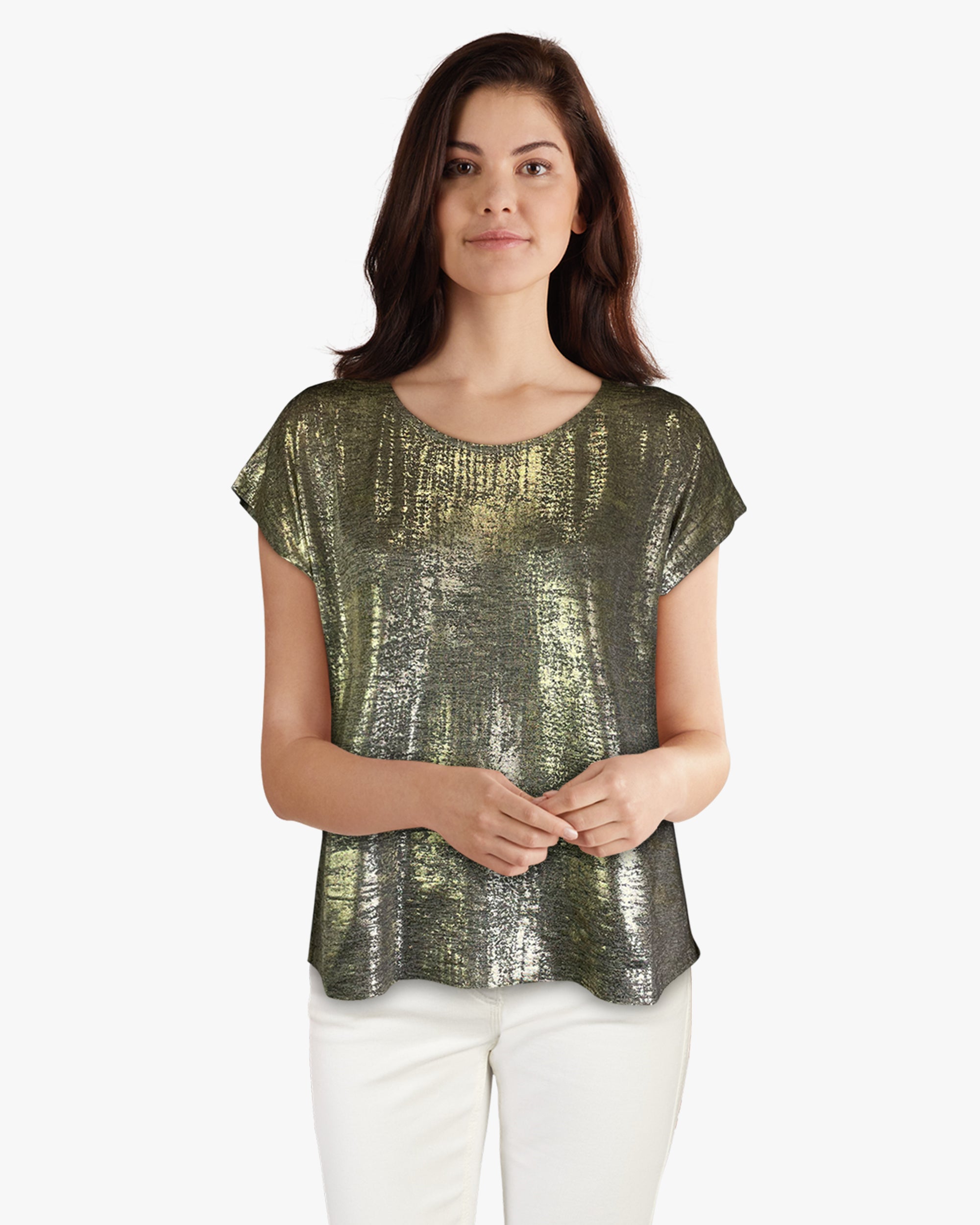 Foil Print Step Hem Top - Coffee Gold S/S (D1556)