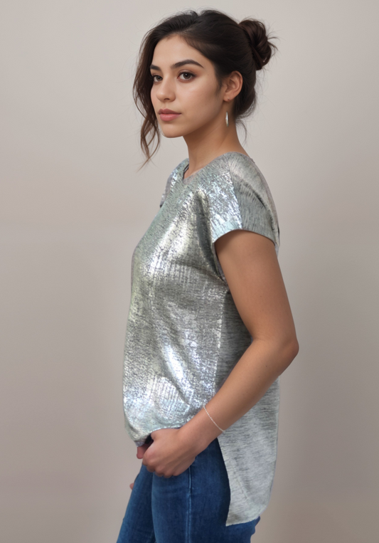 Foil Print Step Hem Top - Coffee Silver S/S (D1556)