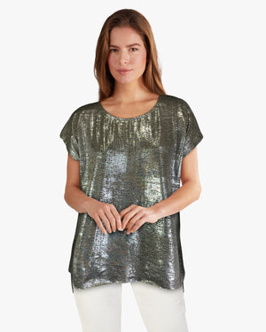Foil Print Step Hem Top - Coffee Silver S/S (D1556)