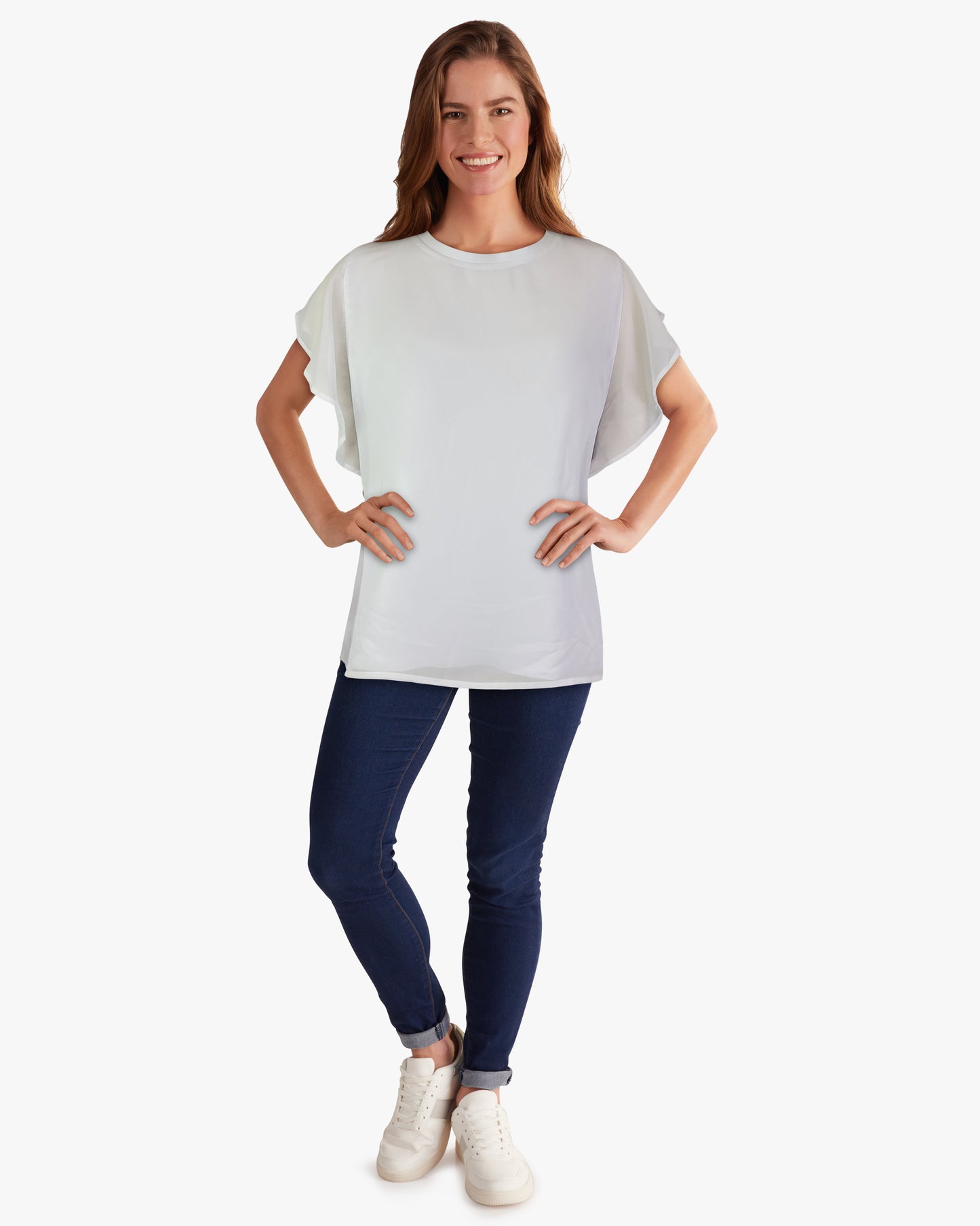 Mixed Media Flutter Sleeve Top -- D1874 White