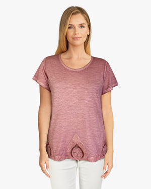 Short Sleeve Oil Dye Embroidered Hem Top (D190242) Cashmere Rose